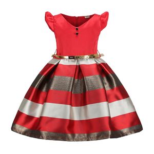 2020 Girls Princess Dress Striped Flying Sleeve Kids Belt Red Blue Kids Clothes Party Dress Q0716