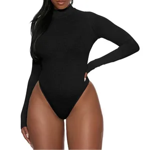 Women's Jumpsuits & Rompers Autumn Ribbed Knitted Sexy High Collar Cut Bodysuit Women Black White Gray Neck Female Long Sleeve Jumpsuit Offi