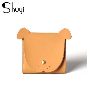 Plånböcker shuyi enkel tecknad plånbok äkta läder kvinnor tre fällbara mynt handväska retro hundhuvud litet korthållare kohud pengar väska