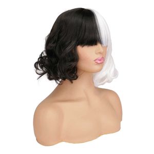 new movie Cruella Wig Short s for Halloween Cosplay Women Black White Synthetic Hair + Cap Y0913
