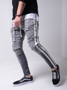 24 Stili Jeans skinny strappati da uomo Pantaloni Matita Biker Jeans a righe laterali Foro distrutto Hip Hop Slim Fit Uomo Elasticizzato Jean Stampa