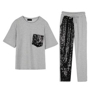 PERHAPS U Black Gray Pink O Neck Short Sleeve T-shirt Top Sequined Pocket Ankle-length Pants Casual Two-piece Set Summer T0123 210529