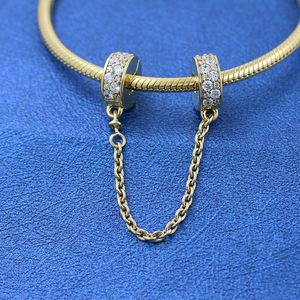 18K Gold Metal Plated Clear Pavé Safety Chain Clip Charm Bead Fits European Pandora Style Jewelry Charm Bracelets & Necklaces