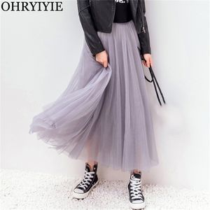 Ohryiyie primavera verão vintage saia de tule mulheres elásticas cintura alta malha saias longos plissados ​​tutu saias feminino jupe longue 210310