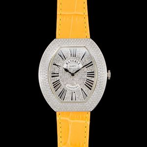 Moda Todo Diamante Gelado Fora Senhoras Assista Romano Numerais Amarelo Strap de Couro Relógios De Pulso Quartz Mulheres Relógio