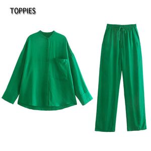 Topy Casual Green Dwuczęściowe Zestaw Kobiet Oversized Bluzki Topy i wysokie spodnie w pasie Homewear Dressuit 210930