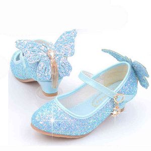 Butterfly Girls High Heeled Sandals För Barn Höst Sequined Little Girls Shoes Wings Glitter Princess Shoes Heel Girl Child Aa220311