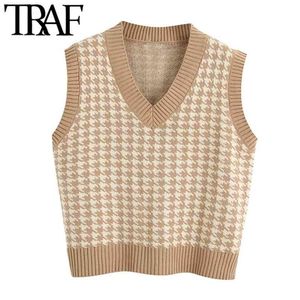 TRAF Moda Moda Houndstooth Solta De Malha Colete Sweater v Neck Sem Mangas Sem Mangas Alegas Femininas Waistcoat Chique Tops 210819