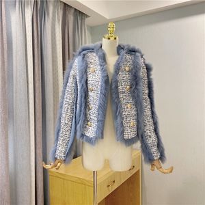 가을 겨울 패션 디자인 여성의 고급 폭스 모피 패치 워크 트위드 모직 코튼 패드 라이너 두꺼운 따뜻한 재킷 코트 혼합 SML
