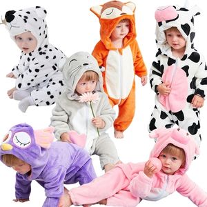 Söt tecknad flanell baby rompers ko kanin panda pyjamas bomull pojke flicka djur kostym jumpsuit kigurumi outfit