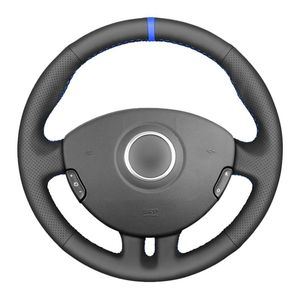 Steering Wheel Covers Black PU Faux Leather Blue Marker Hand-stitched Car Cover For Clio 3 2005-2013