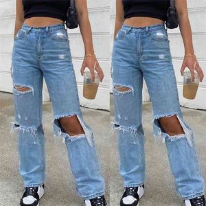 Damen-Jeans, Knopfleiste, hohe Taille, Tasche, elastische Lochhose, lockere Jeanshose, zerrissene Jeans, klassischer Stil, C50 210809