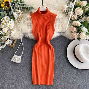 エレガントな編み物韓国のソリッドカラースタンドカラーノースリーブハイウエスト薄型パッケージヒップドレス女性Vestidos L427 210527
