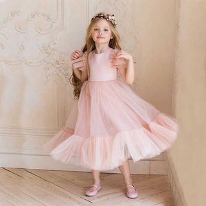 Flower Girl Dress Children Bridemaid Vestidos de Noiva para Crianças Rosa Tule Vestidos 2021 New Girls Boutique Party Wear elegante Frocks Q0716