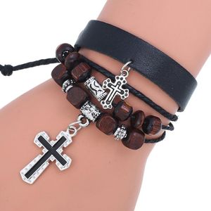 Personalized Beaded Cross Leather Bracelet retro jewelry lovers Bracelets Bangles Homme Male Jewellry