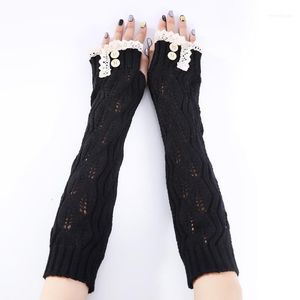 Five Fingers Gloves Fashion Winter For Women Arm Warm Knitted Mittens Solid Ladies Glove Lace Button Hand Wool Long Fingerless1