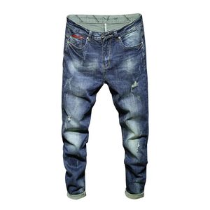 Jeans rasgados homens estendídos slim reta azul streetwear angustiado hip hop homens jeans regular fit masculino calças longas calças