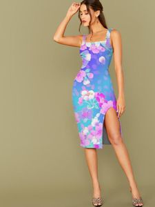 Vestidos Casuais Vestido 3D Flor Mulheres Colorido Bodycon Romantic Sundress Gradiente Lado Slit Club Vintage Beach