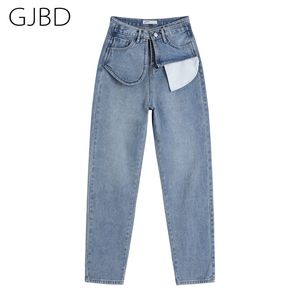 Hög midja Kvinnors Blå Jeans Baggy Straight Wide Long Långbyxor Streetwear Vintage Exposed Pocket Ladies Denim Trouser 210809