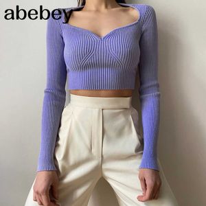 Sexy aderente con scollo a V Donna Maglioni Autunno 2020 Abbigliamento donna Maglione lavorato a maglia Pullover Crop Top Dropshipping C76-CC21 X0721