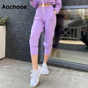 Aachoae الصلبة سروال رصاص المرأة مرونة الخصر الرياضة عارضة sweatpants أنثى العجل طول ركض القطن السراويل سيدة روبا موهير Q0801