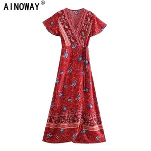 Vintage Chic Vestido Çiçek Baskı Yarasa Kollu Plaj Uzun Bohemian Maxi Sundress Bayanlar Seksi V Boyun Yaz Boho Elbise 220311