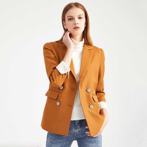 Women Blazer Spring Autumn Notched Neck Double Breasted Office Lady Slim Suit Coats Casual Striped Cuffs Large Size Blazers 210526