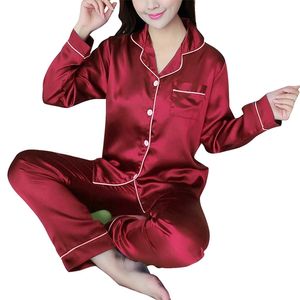 Autumn Women Turn-down Collar Pajamas Set Silk Satin Full Sleeve Tops+Pants 2 Pieces Sleepwear Pajama Plus Size 5XL 210901
