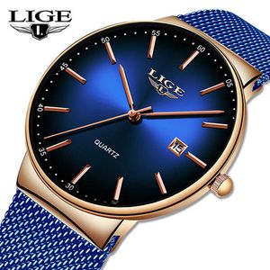 LIGE Mens Watches Top Brand Luxury Black Quartz Men Watch Drop Mesh Strap Casual Sport Male Clock Relogio Masculino+Box 210527