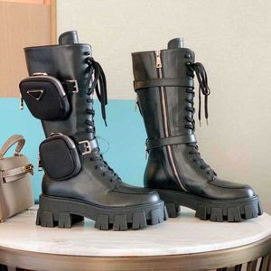 2021 Kadınlar Monolith Parlak Deri Naylon Çizmeler Moda Platformu Lace Up Cüzdan Boot Üst Tasarımcı Bayanlar Kış Patik Ayakkabı Boyutu 35-40
