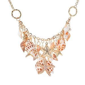 Anhänger Halsketten Gold Farbe Chunky Sea Shell Starfish Faux Pearl Lätzchen Aussage Für Frauen Blume Gemischte Halskette