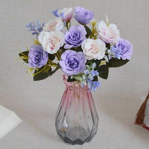Wholesale purple accessories for home resale online - Purple Blooming Artificial Flowers Rose Small Bouquet Silk Fake Flower DIY Decoration for Home Wedding Garden Wreath Accessories Y0630