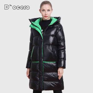 Docero Winter Jacketの女性のカジュアルな緩い対照的な色サイドスプリットパーカー厚いキルティングコートロングフード付きのアウター211130