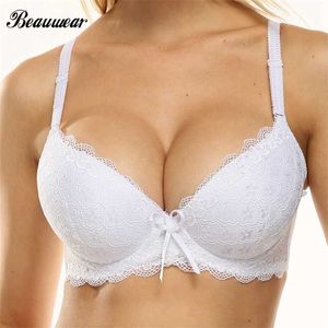 BeauWear Super Push Up Deep V Bra Kvinnor Sexig Underkläder 3/4 Cup Brassiere Lace Underwired Underwear Bras för Big Breast 38-44 211110