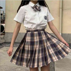 Mulheres de verão presentes saias 2021 Girl JK uniforme plissado saias JK uniforme uniforme xadrez conjunto completo blusa + saia + arco + meias g220309