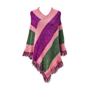 Scarves Women Ethnic Knitted Pashmina Poncho Cape Color Block Striped Tassels Pullover Sweater V-Neck Winter Warm Shawl Wrap Top