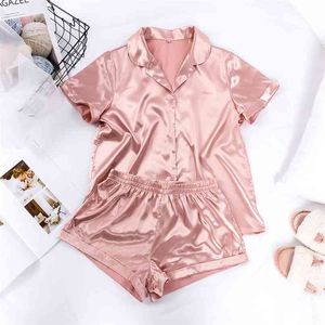 Suphis 5 Farben Satin Nachthemd mit Shorts Nachtwäsche Anzug Seide Pyjama Kurzarm Casual Pyjama Sets Frauen Nachtwäsche Sommer 210826