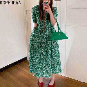 Korejpaa Abito donna estate coreano chic dolce scollo a V vita incrociata doppia tasca a maniche corte verde piccolo floreale abiti 210526