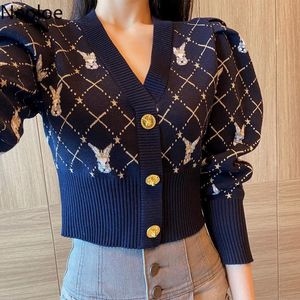 Damen Strick T-Shirts Neploe Koreanische Pullover für Frauen Cartoon gestrickte abgeschnittene Strickjacke Tops Pull Femme V-Ausschnitt Puffärmel kariert süß