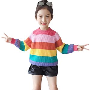 Kids Sweaters Rainbow Stirped Girls Cardigan Thick Warm Autumn Winter Clothes For 6 8 10 12 14 210527