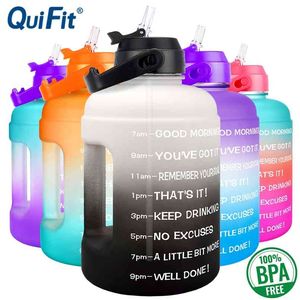 Quifit Water Bottle 2.2L 73 أوقية تحفيزية مع سترو مانعة للتسرب BPA السفر الرياضة المجانية إبريق المياه توقيت ماركر تساعد على فقدان الوزن 210914