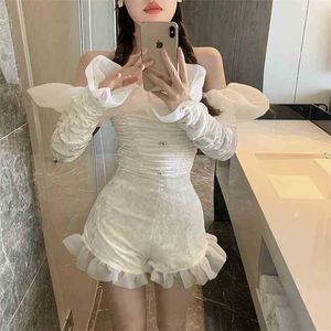 Kayısı Vintage Chic Ruffles Fransız Seksi Artı Boyutu Nazik Retro Yüksek Kalite Off-Omuzlar Ince Bodysuits 210525