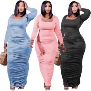 Bulk skinny Y2k dress long sleeve bodycon ankle length dresses one piece set fashion solid party evening night club wear clothes klw7323