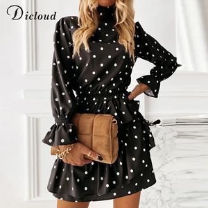 DICLOUD High Neck Polka Dot Damen Partykleid Vintage Schwarz Langarm Rüschen Minikleid Frühling Damen Elegante Kleidung 210309