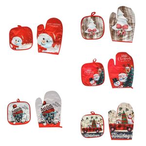 Christmas Kitchen Oven Mitts Insulation Santa Claus Pattern Pad Cooking Microwave Mat Baking BBQ Potholders Gloves