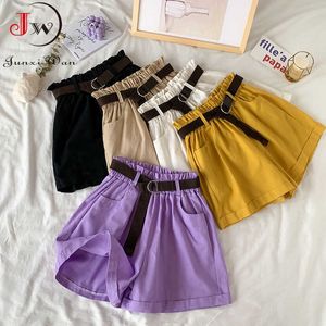 Sommar elegant hög midja shorts kvinnor casual solid brett ben lösa bomull korta byxor med bälte koreanska söta tjejer 210607