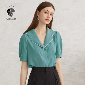 Fansilanen Vintage Puff Sleeve Grön Chiffon Blusskjorta Kvinnor Elegant Vit Sommarknapp Upp Kvinna Casual Short Top 210607