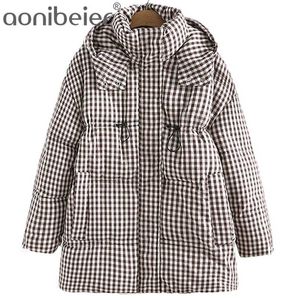 Aonibeier za kvinnor casual trafikrockar oversize vinter tjock hooded vadderad jacka dragkedjor design plaid lösa långa parkas 211216