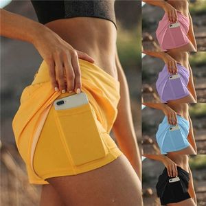 Quick Dry High Waisted Workout Sport Running Solid Shorts Women Double Layer Fitness Training Shorts With Phone Pocket 210611
