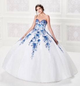 فساتين أبيض Quinceanera مع رويال زرقاء زرقاء ثوب كرات الحفلة الراقصة فستان Vestido de Festa